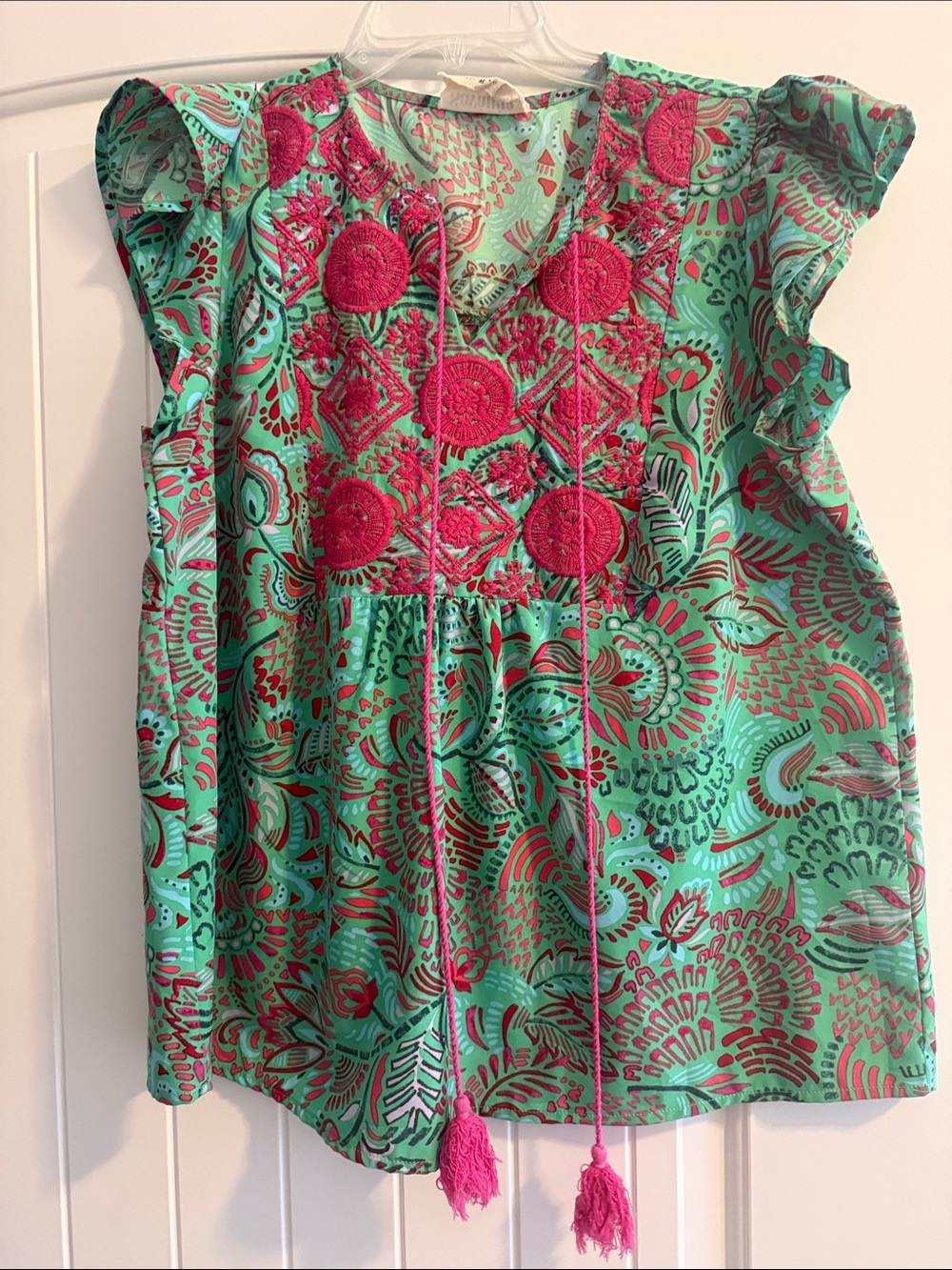 Savanna Jane Mint Green Top with Pink Embroidery & Tassels